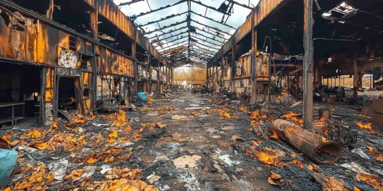 Severely fire-damaged commercial building interior with charred debris and structural damage, requiring professional fire and smoke restoration services in Staten Island, NY