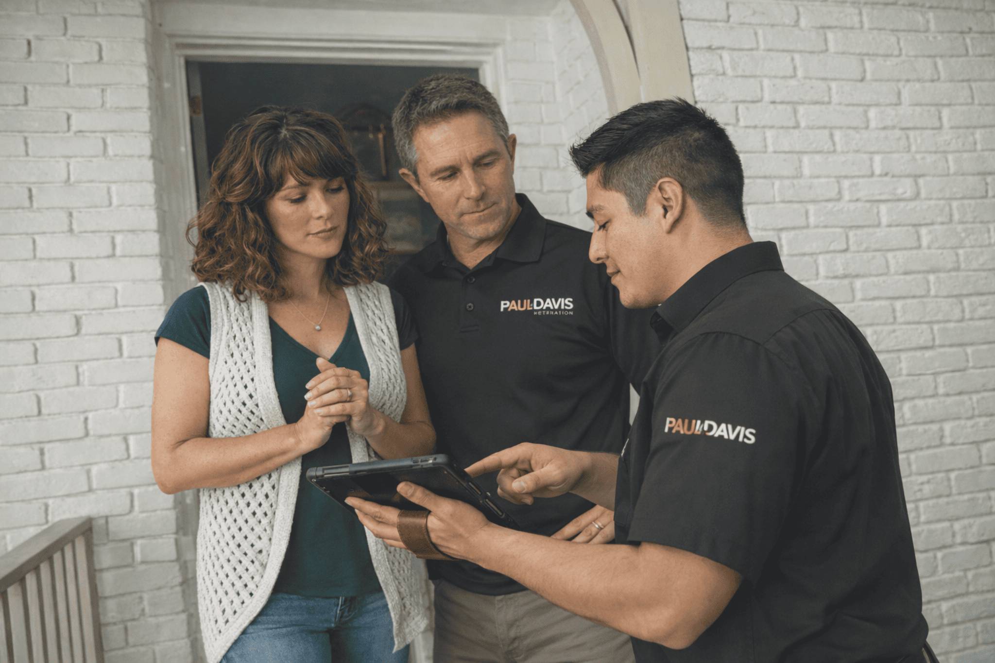Paul Davis Restoration professionals reviewing a property damage assessment with homeowners, providing insurance coordination and restoration services in Staten Island, NY